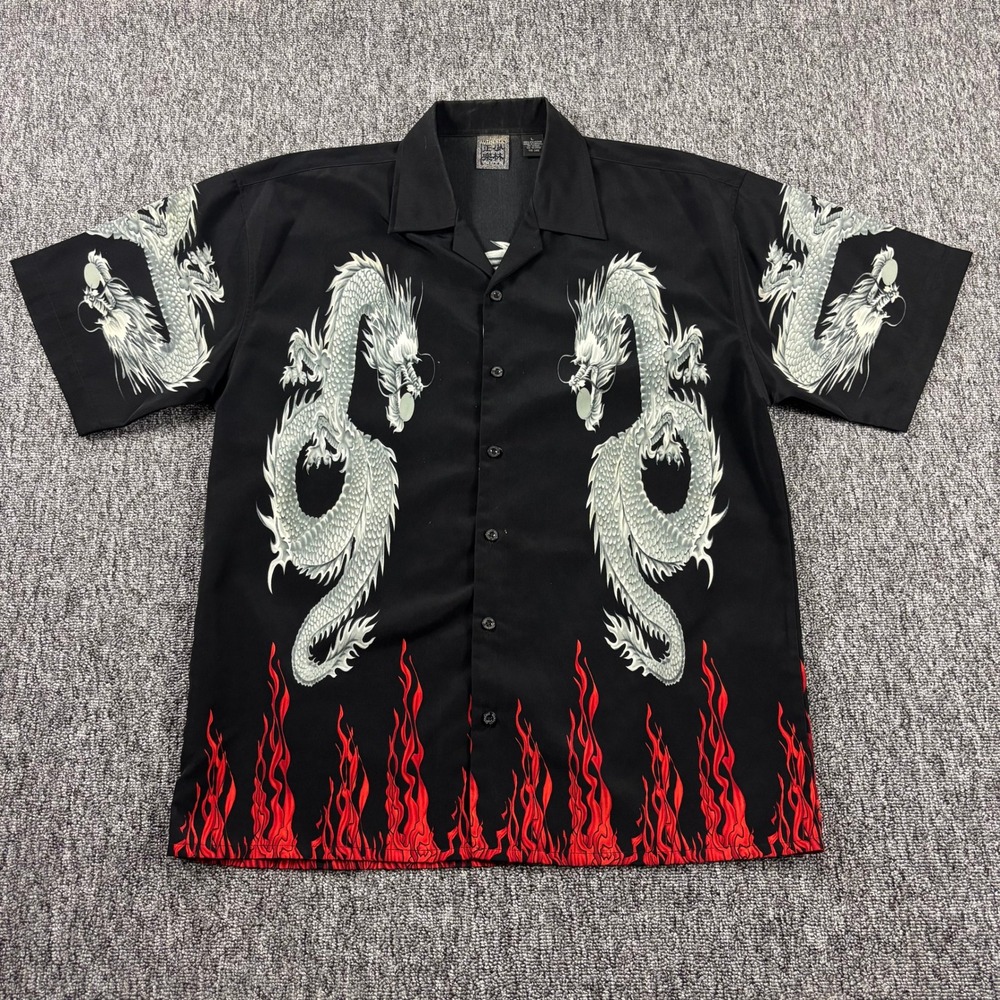 Y2K Dragon Flame Grunge Authentic Shaolin Button Up Shirt Large Black Red Large